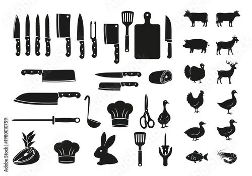 Butcher Shop Icons and Kitchen Knife Silhouettes Set with Farm Animals and Meat Cuts for Culinary Design