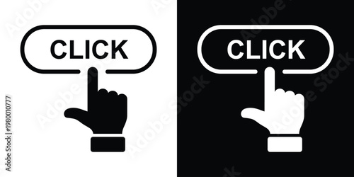 Oval "click" label with index finger gesture pressing down, black line art left of black square holding white variant. Sleek minimalist vector ideal for direction buttons, UI pointers, interactive map