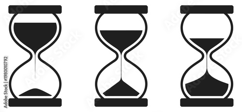 Sand clock illustrations with varying frames and sand amounts hourglass shapes in multiple variations, vintage time passing concept, countdown timer and deadline urgency symbol vector