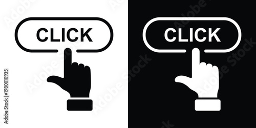 Oval "click" label with index finger gesture pressing down, black line art left of black square holding white variant. Sleek minimalist vector ideal for direction buttons, UI pointers, interactive map