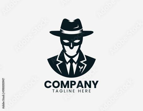 Mysterious masked figure wearing wide brim hat in clean black vector logo illustration style with minimalist design on white background