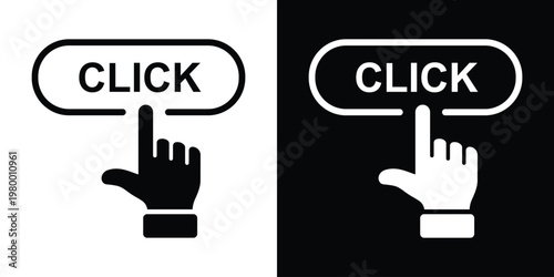 Oval "click" label with index finger gesture pressing down, black line art left of black square holding white variant. Sleek minimalist vector ideal for direction buttons, UI pointers, interactive map