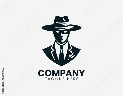Mysterious masked figure wearing wide brim hat in clean black vector logo illustration style with minimalist design on white background