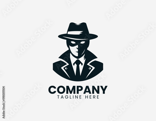 Mysterious masked figure wearing wide brim hat in clean black vector logo illustration style with minimalist design on white background