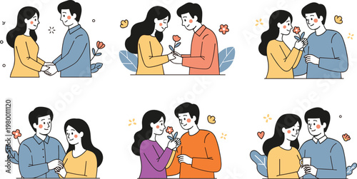 Romantic Couple Interaction Illustration Set with Hand Holding, Gift Giving, Flowers, and Relationship Moments in Flat Style Vector Collection