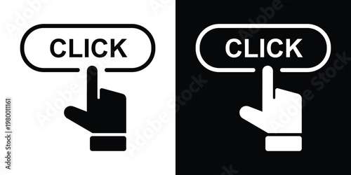 Oval "click" label with index finger gesture pressing down, black line art left of black square holding white variant. Sleek minimalist vector ideal for direction buttons, UI pointers, interactive map