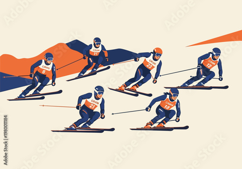 Minimalist Vector Illustration of Professional Skiers Racing Downhill in a Winter Sports Competition on a Stylized Mountain Slope