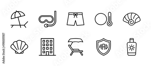 Travel and summer vacation outline icons for holiday web design and tourism marketing graphics.
