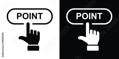 Oval "POINT" label with index finger gesture pressing down, black line art left of black square holding white variant. Sleek minimalist vector ideal for direction buttons, UI pointers, interactive map