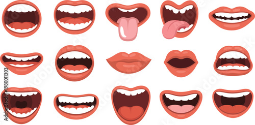 Cartoon mouth set with open and closed lips, smile, sad, laugh and angry expressions with tongue and teeth isolated