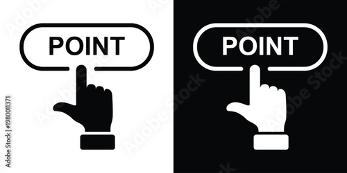 Oval "POINT" label with index finger gesture pressing down, black line art left of black square holding white variant. Sleek minimalist vector ideal for direction buttons, UI pointers, interactive map