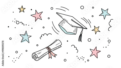 A Symbolic Ceremony of Education: The academic cap and diploma float amongst the stars, representing the culmination of knowledge and the promise of a bright future.