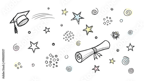 Education Emblem: A cap and diploma with surrounding star ornaments. Capturing a journey and celebration of academic achievements.