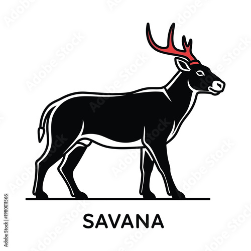 Minimalist deer logo with red antlers, black savanna animal silhouette vector, modern wildlife mascot for branding, elegant stag illustration with savana text