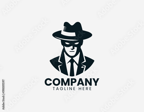 Mysterious masked figure wearing wide brim hat in clean black vector logo illustration style with minimalist design on white background