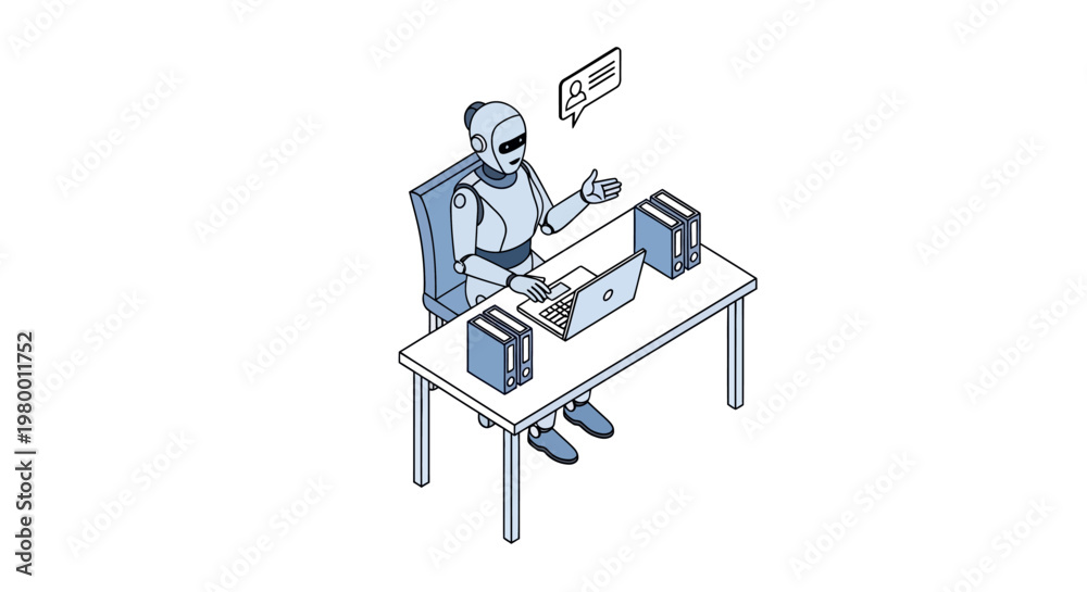Fototapeta premium Isometric AI Robot Working on Laptop in Office, Artificial Intelligence Chatbot Customer Support Concept Illustration