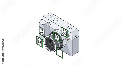Isometric Digital Camera with Face Recognition Technology and Autofocus Icons, Smart Photography and AI Tracking Concept