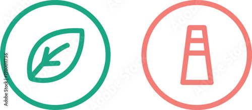 Green leaf icon compared with industrial factory smokestack symbol representing environmental impact and carbon emissions