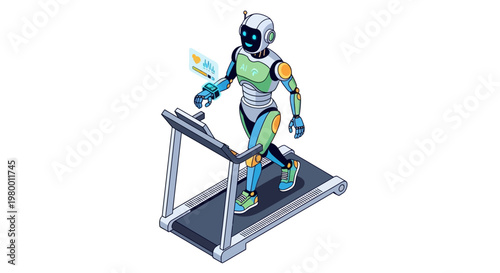 AI Robot Exercising on a Treadmill with Futuristic Health Data Tracking Interface, Isometric Illustration on White Background