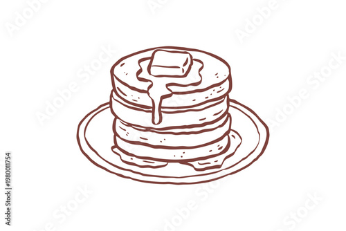 Hand drawn illustration of a stack of pancakes with butter and syrup Design