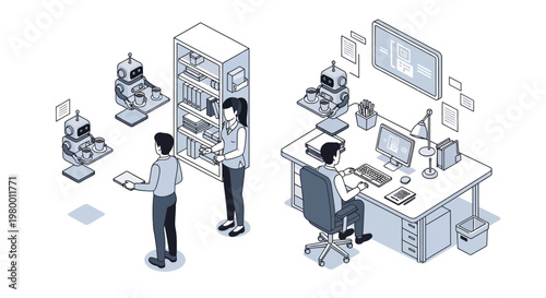 Isometric Office Illustration of Robots and Humans Collaborating in a Modern Workspace with AI Automation and Service