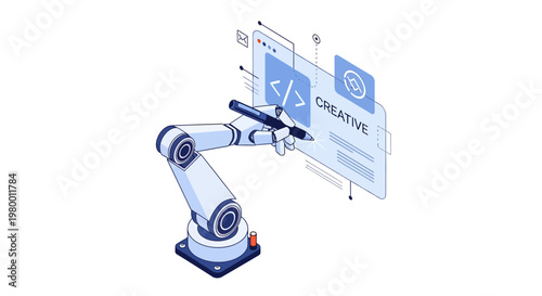 Artificial Intelligence Robotic Arm Designing Web Interface and Writing Code - AI Creative Design Concept Isometric Illustration