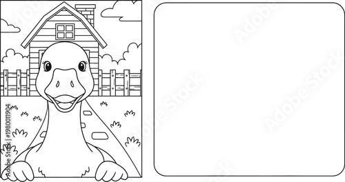 Cute goose on farm coloring page for kids with copy space