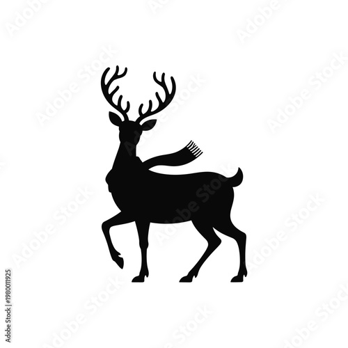 Black silhouette of a reindeer with large antlers on white background