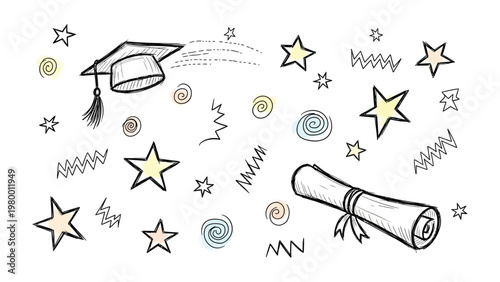 Education Illustration: A hand-drawn illustration captures the essence of graduation and achievement, featuring a mortarboard, diploma, and decorative elements.