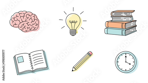 Mindful Learning Essentials: An assortment of elements symbolizing intellect, creativity, and the journey of learning, encompassing a brain, a lightbulb, stacked books, an open notebook, a pencil.