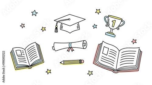 Academic Achievement Icons: Illustrative collection of academic symbols, from a graduation cap and books to a trophy, symbolizing the journey of learning and success. 