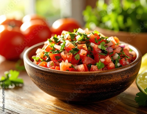 Fresh colorful tomato salsa in a rustic bowl with whole tomatoes and lime in the background, vibrant homemade salad perfect for healthy eating and snacks