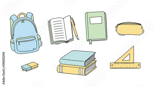 Back to School Essentials: A collection of essential school supplies, including a backpack, notebook, pen, book, pencil case, eraser, and ruler, perfectly organized and ready for the school year.