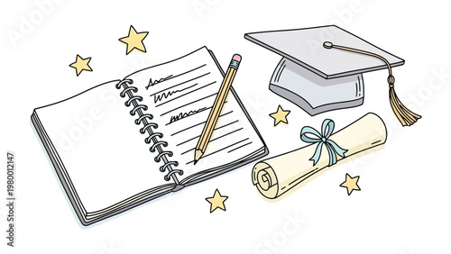 Education and Achievement Illustrated: An inspiring illustration showing a notebook, pencil, graduation hat, and diploma, representing the journey and rewards of higher education.