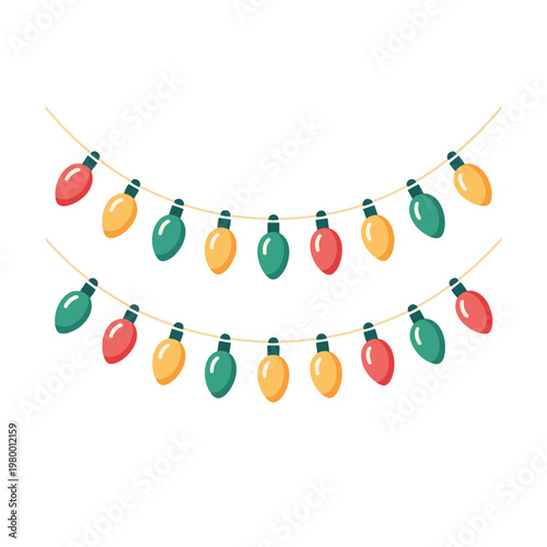 Colorful Christmas string lights on a white background for holiday decoration