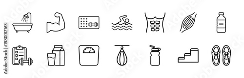 Fitness and gym training line icons set for sports website and workout app interface.