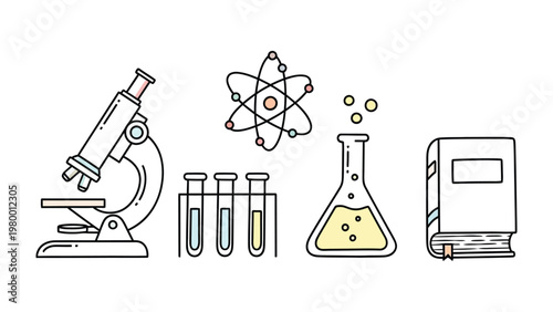 Scientific Discovery Icons: A collection of meticulously crafted icons represents the world of scientific exploration, featuring a microscope, atom, test tubes, flask, and a textbook.