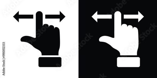 horizontal double arrow (left /right) beside pointing index finger in black line art, white version on black square. Clean vector for swipe gestures, scroll controls, mobile UI navigation.