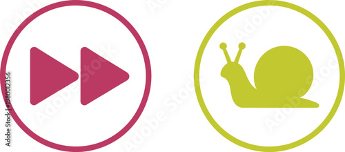 Fast forward and snail icons representing speed contrast and slow pace in simple circular button format