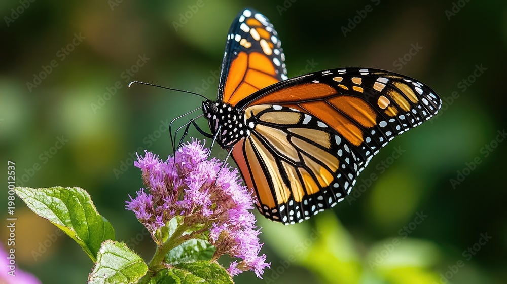 Obraz premium Monarch Butterfly with Open Wings Perched on Purple Flower in Sunlight