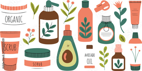 Organic skincare cosmetics set with natural cream, scrub and eco shampoo in bottles, jars and tubes for beauty packaging design