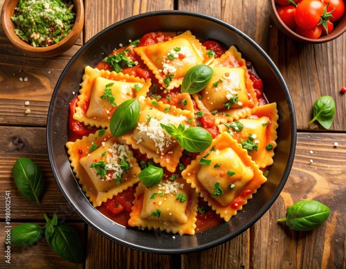Fresh ravioli pasta dish with tomato sauce garnished with basil and grated cheese in a black bowl on rustic wooden table with fresh herbs and cherry tomatoes