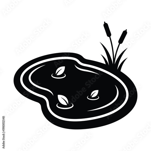 Minimalist pond vector icon with cattails and floating leaves, black and white garden water feature silhouette, simple nature landscape element for eco-friendly branding