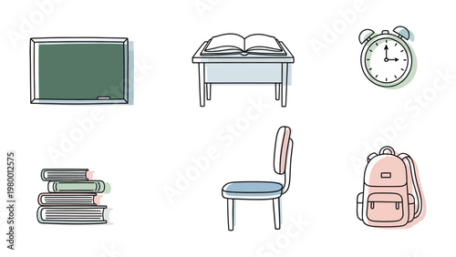 School Essentials: This collection showcases essential school items, including a chalkboard, a desk with an open book, an alarm clock, a stack of books, a chair, and a backpack.