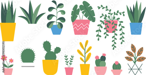 Pot plants collection with tropical leaves, trees, succulents and cactus, urban jungle home garden in cartoon houseplant vector set