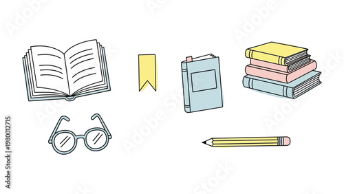 The Essence of Literary Pursuits: An artistic arrangement of books, bookmark, glasses and pencil. Representing the joy of reading and the pursuit of knowledge.