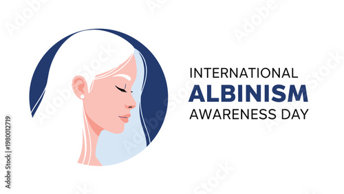 Profile portrait of a beautiful woman with white hair and skin for international albinism awareness day on blue background.