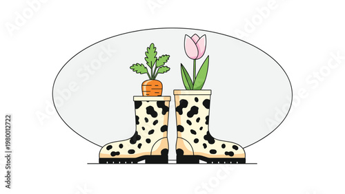 Fresh orange carrot with green leaves and a pink tulip flower growing inside a pair of black and white spotted rain boots.