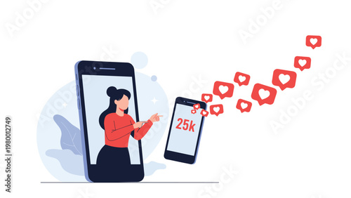 Influencer or social media user on a smartphone screen pointing at a stream of heart icons and a high follower count.