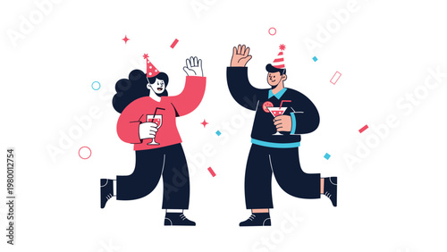 Happy young couple in party hats dancing and celebrating with cocktails amidst colorful confetti and streamers at an event.